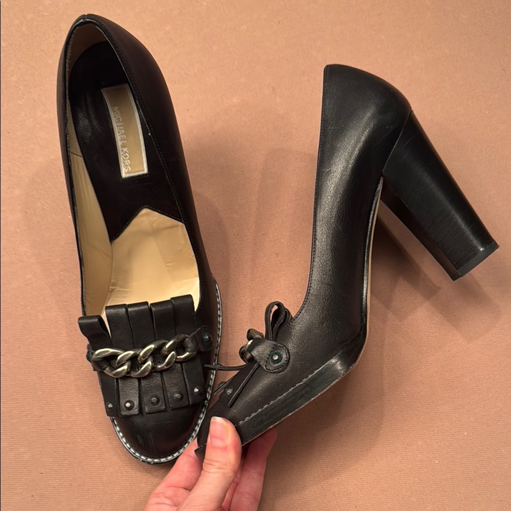 Michael Kors Black Heeled Loafers with Chain Detail